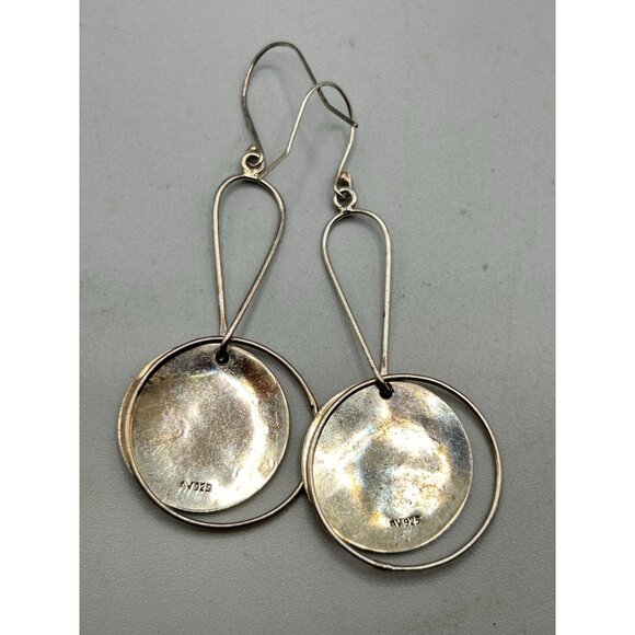 Sterling Silver 925 Dangles Earrings Pierced Long Drops with Hammered Disks - Picture 6 of 6